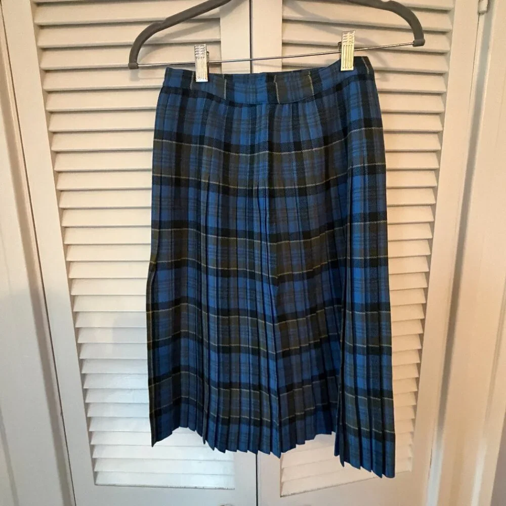 Vintage Hudson's Bay Company plaid skirt blue XXS midi 100% wool
